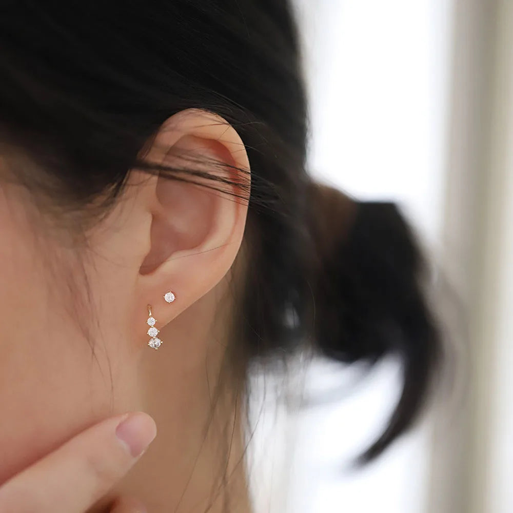 925 Sterling Silver 14k Gold Plated 3 Stone Zircon Stud Earrings