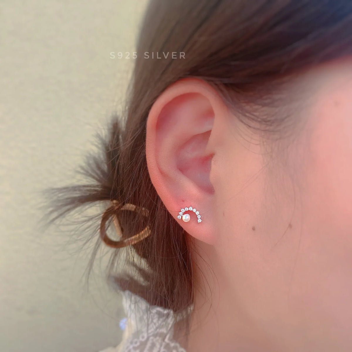 925 Sterling Silver 14K Gold Plated Semicircle Pearl Small Stud Earrings