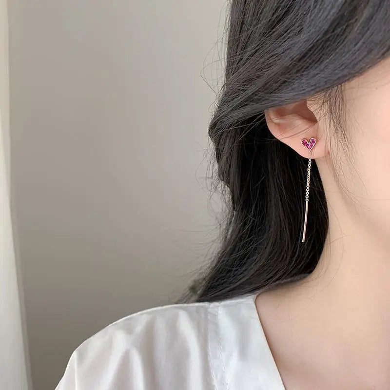925 Sterling Silver Heart Tassel Stud Earrings