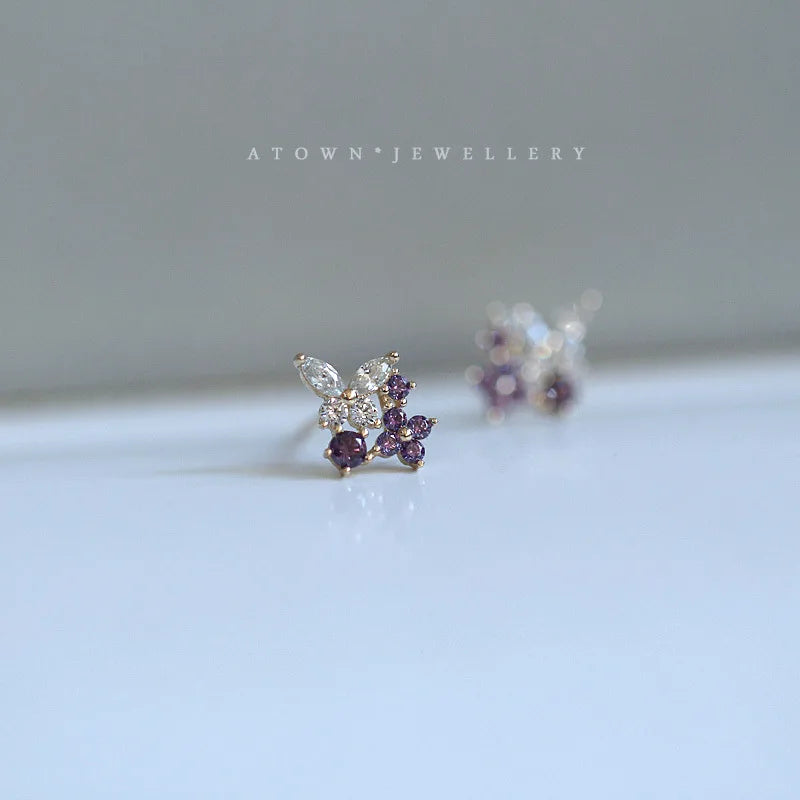 925 Sterling Silver 14k Gold Butterfly Zircon Stud Earrings