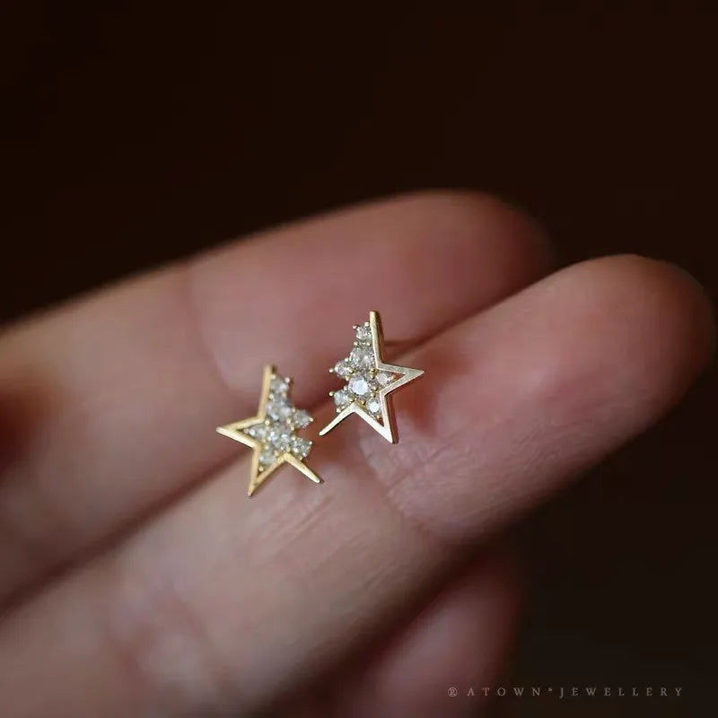 925 Sterling Silver 14k Plated Gold Half Star Zircon Small Stud Earrings