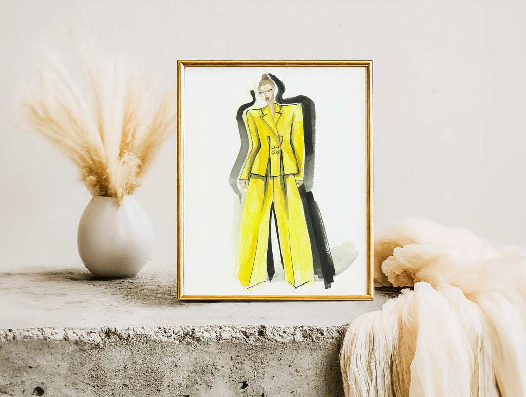 a picture of a woman in a yellow suit