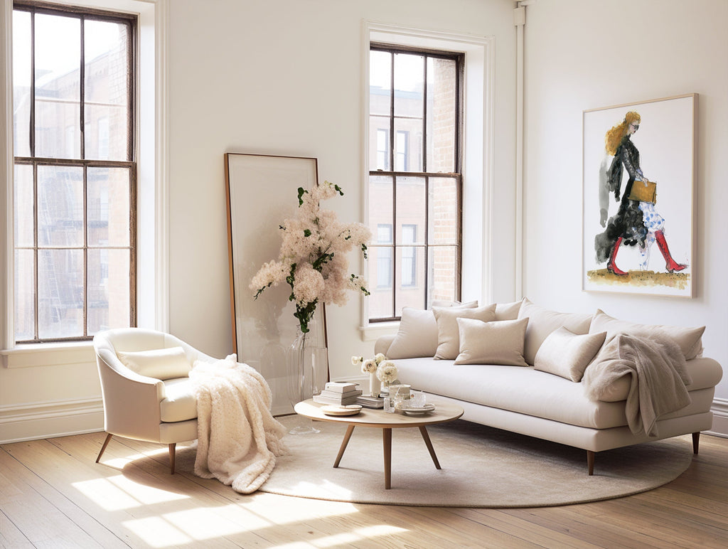 a living room with a couch, chair, coffee table and two windows