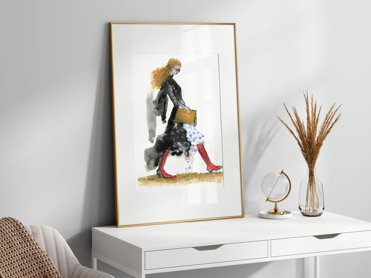 a painting of a woman walking down a street