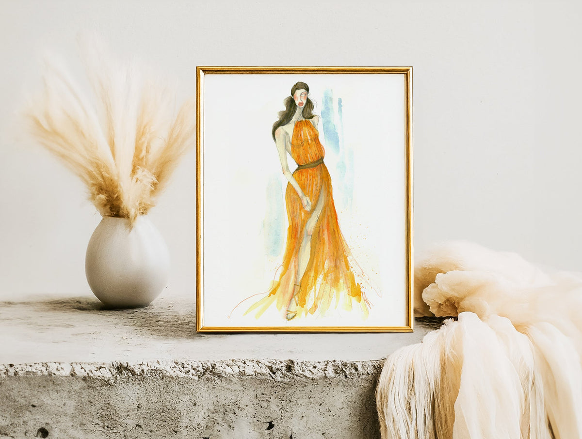 a painting of a woman in an orange dress