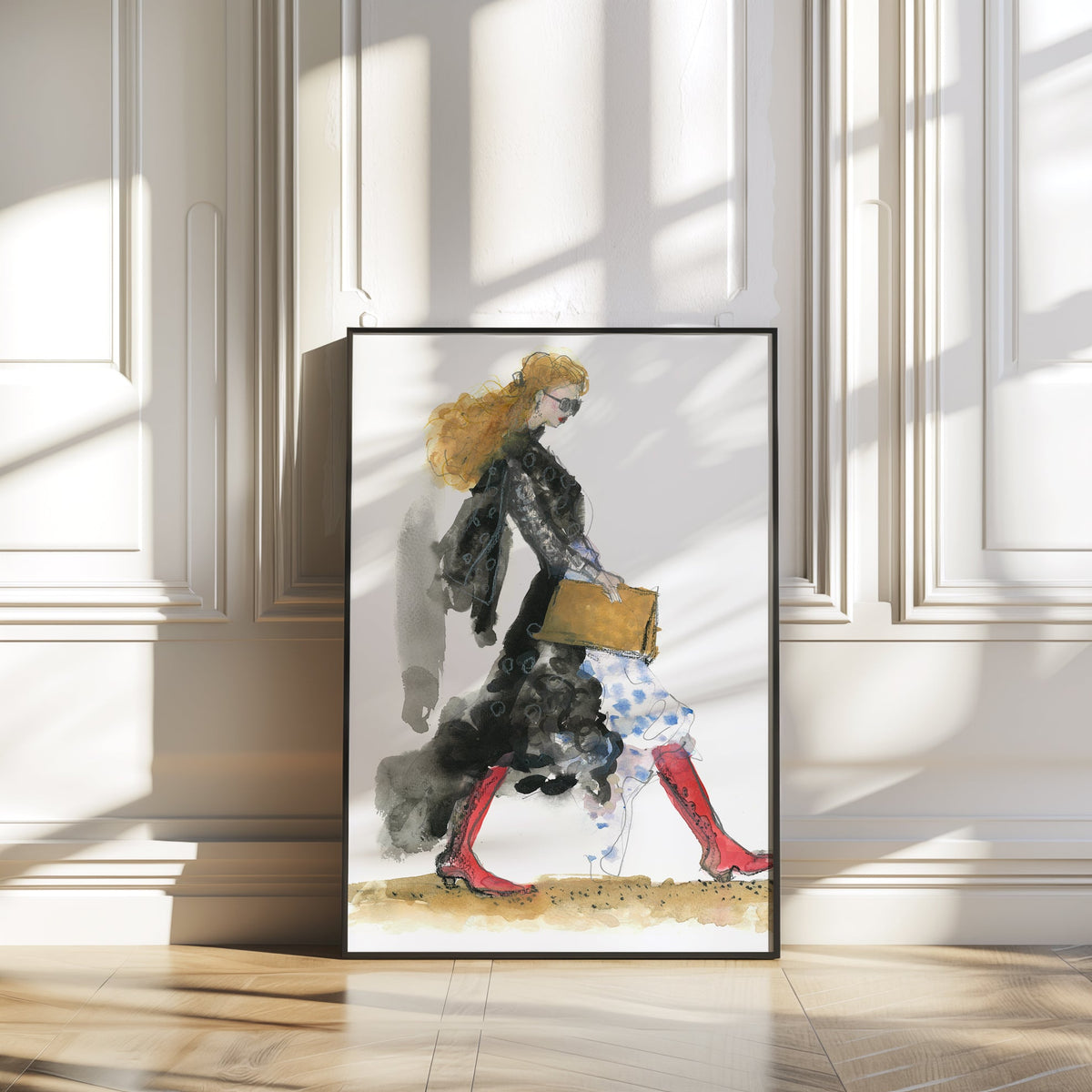 a painting of a woman walking with a suitcase
