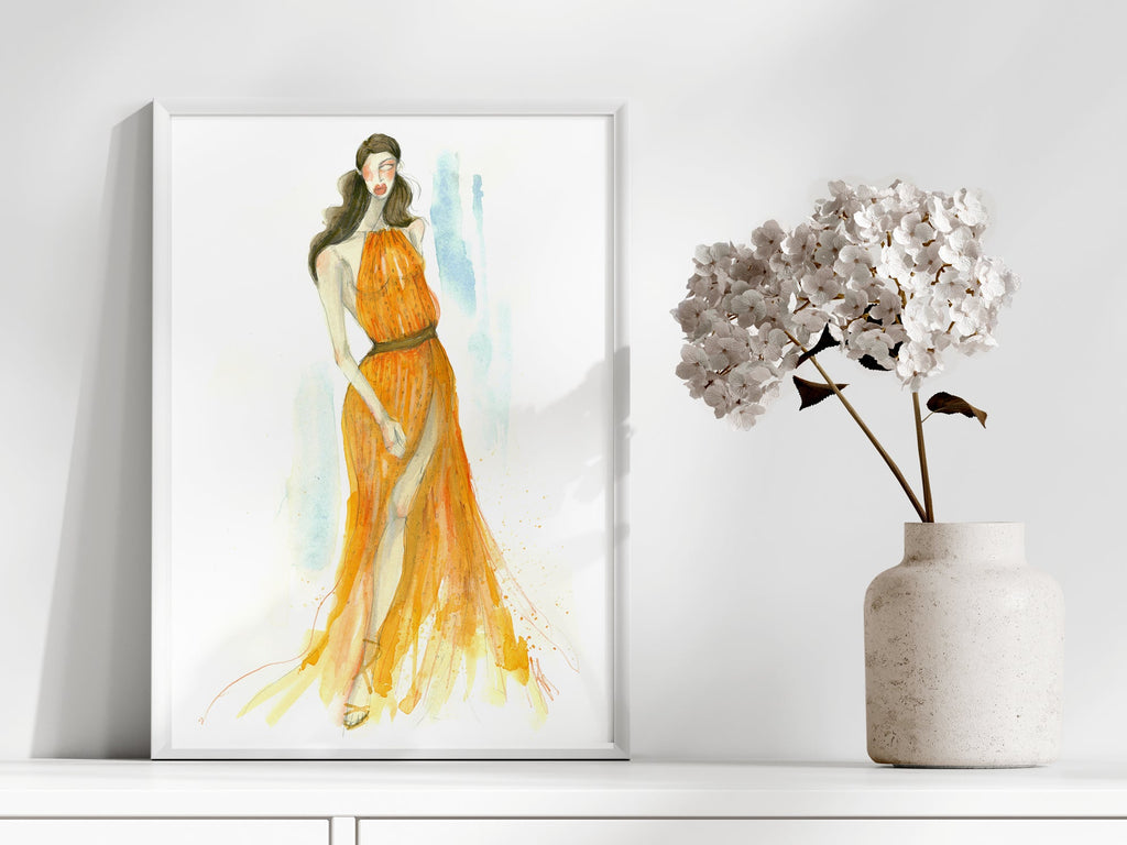 a painting of a woman in a long orange dress