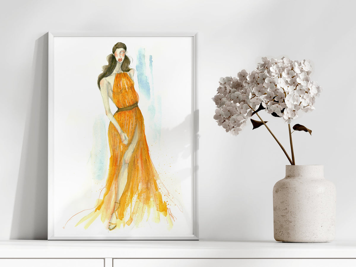 a painting of a woman in a long orange dress