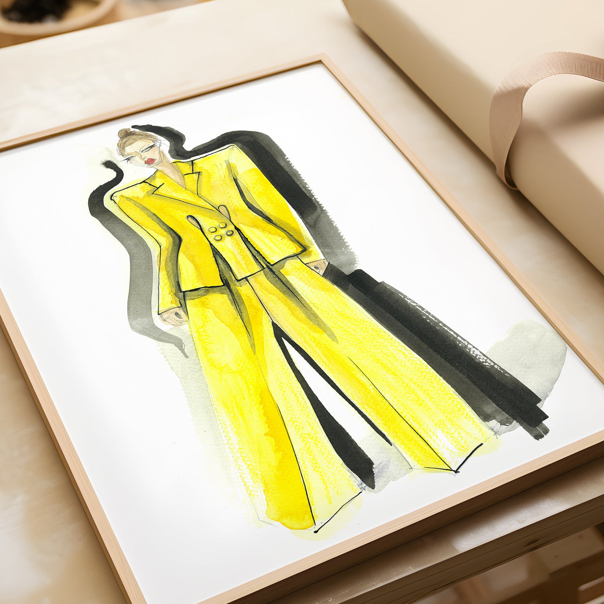 a drawing of a woman in a yellow dress