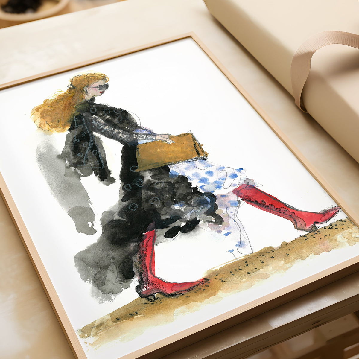 a painting of a woman with a suitcase
