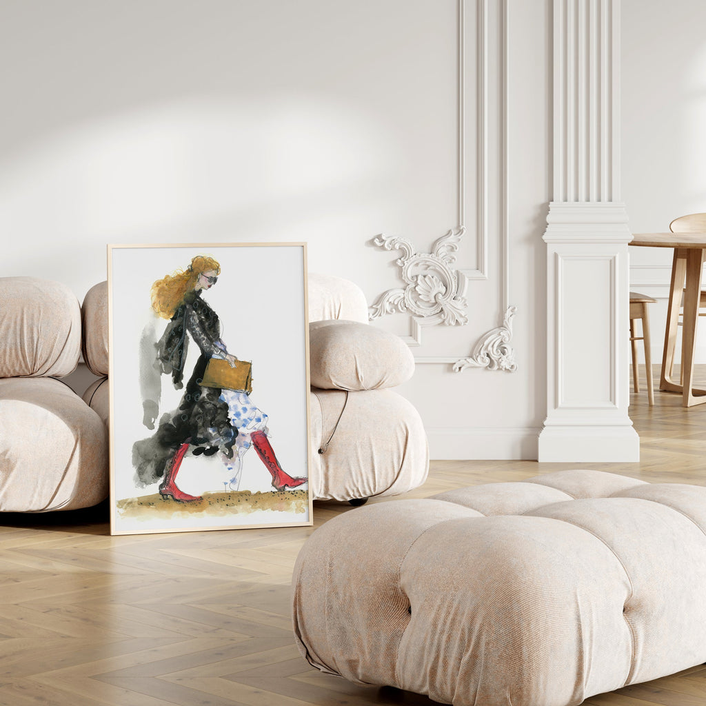 a picture of a woman walking down a hall way