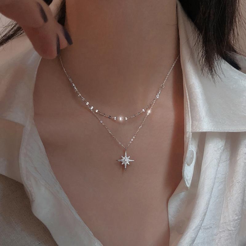 Moon and Star Double strand 925 Sterling Silver Necklace