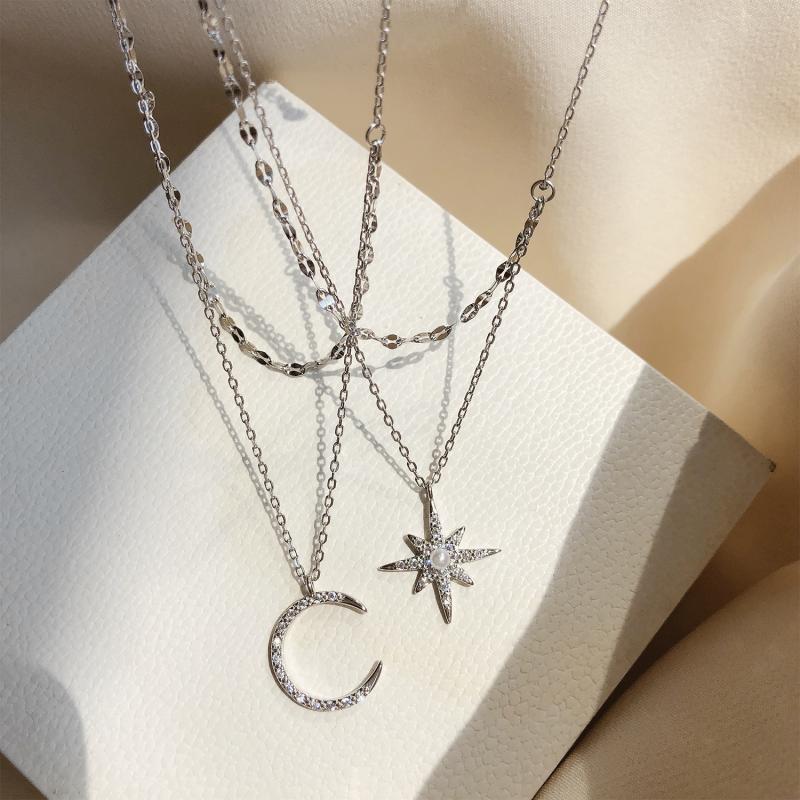 Moon and Star Double strand 925 Sterling Silver Necklace