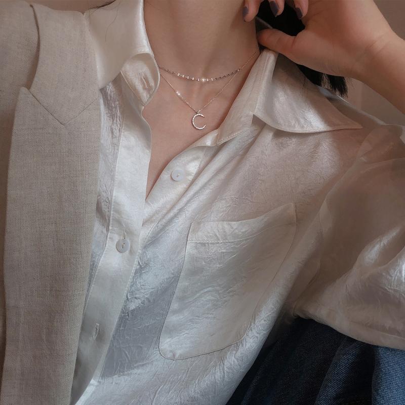 Moon and Star Double strand 925 Sterling Silver Necklace