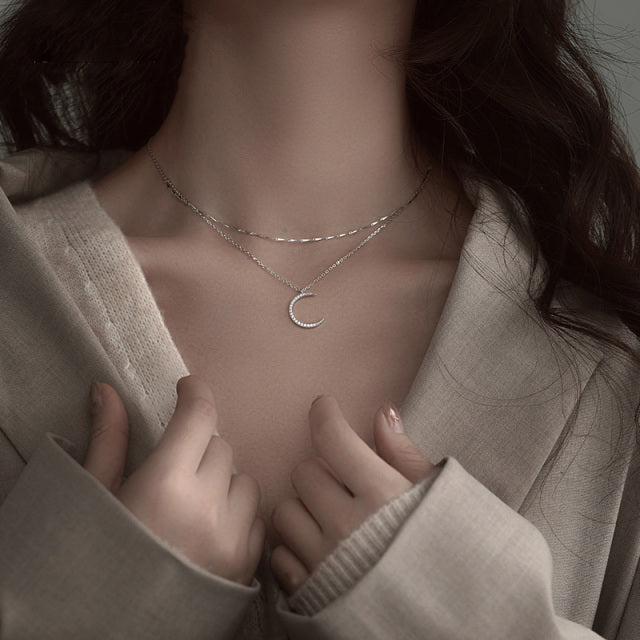 Moon and Star Double strand 925 Sterling Silver Necklace