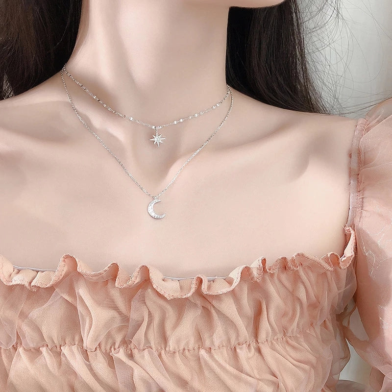 Moon and Star Double strand 925 Sterling Silver Necklace