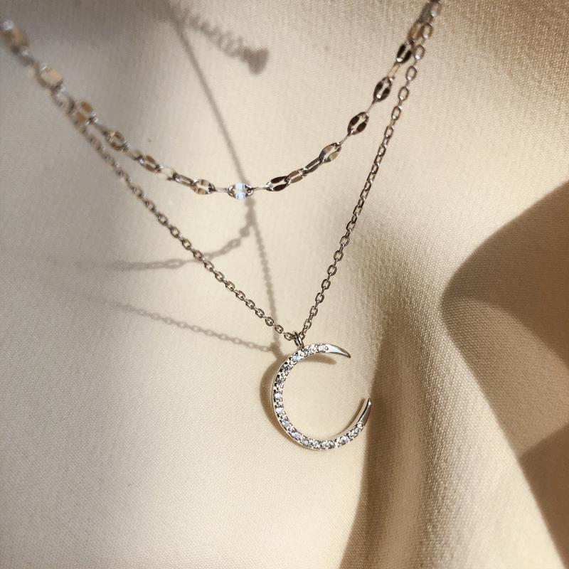 Moon and Star Double strand 925 Sterling Silver Necklace