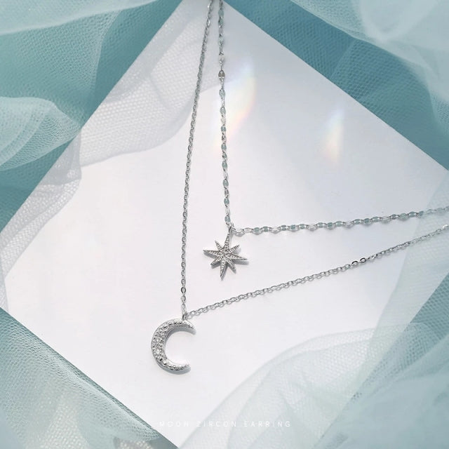 Moon and Star Double strand 925 Sterling Silver Necklace