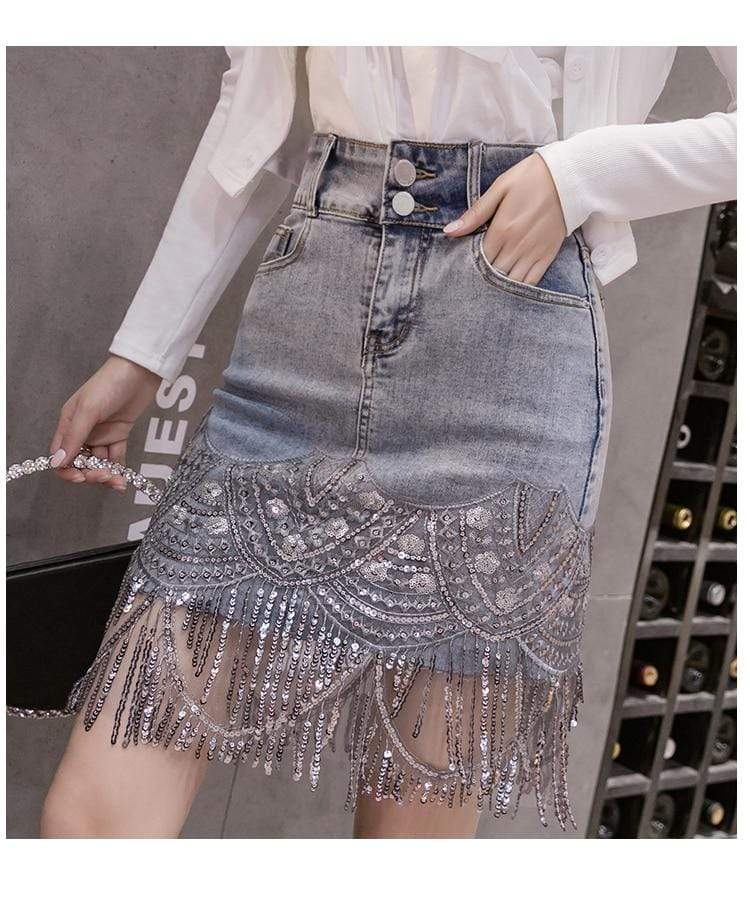 Eyes on You Beaded Denim Skirt